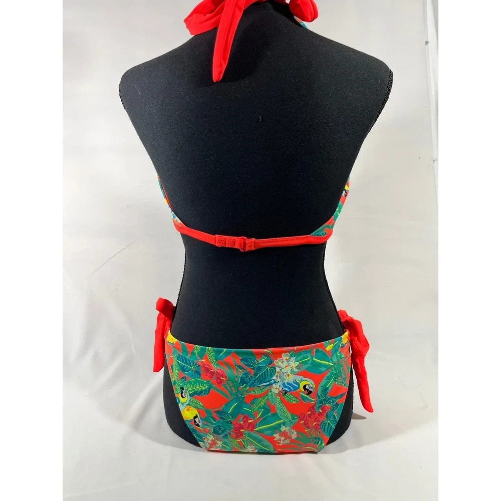 Women‎ Tropical Parrot Print Halter Bikini S Orange Side Tie 2 Piece Reversible